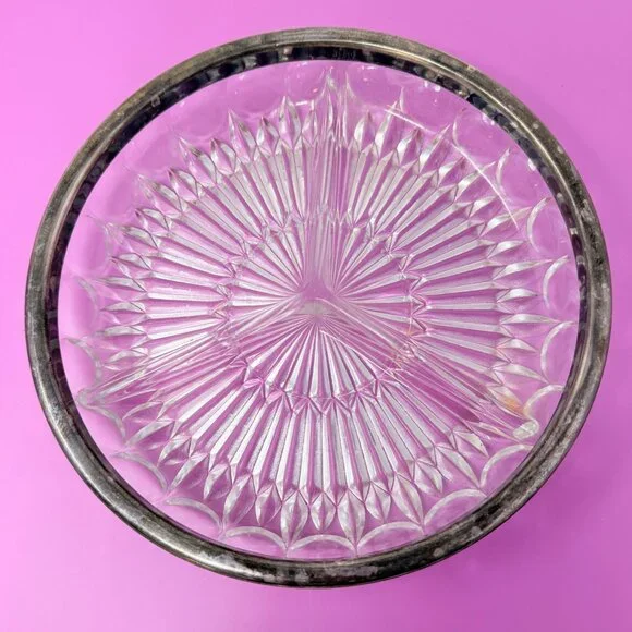 Vintage 1970s Leonard Silver Rim Crystal Divided Bowl - Picture 1 of 4